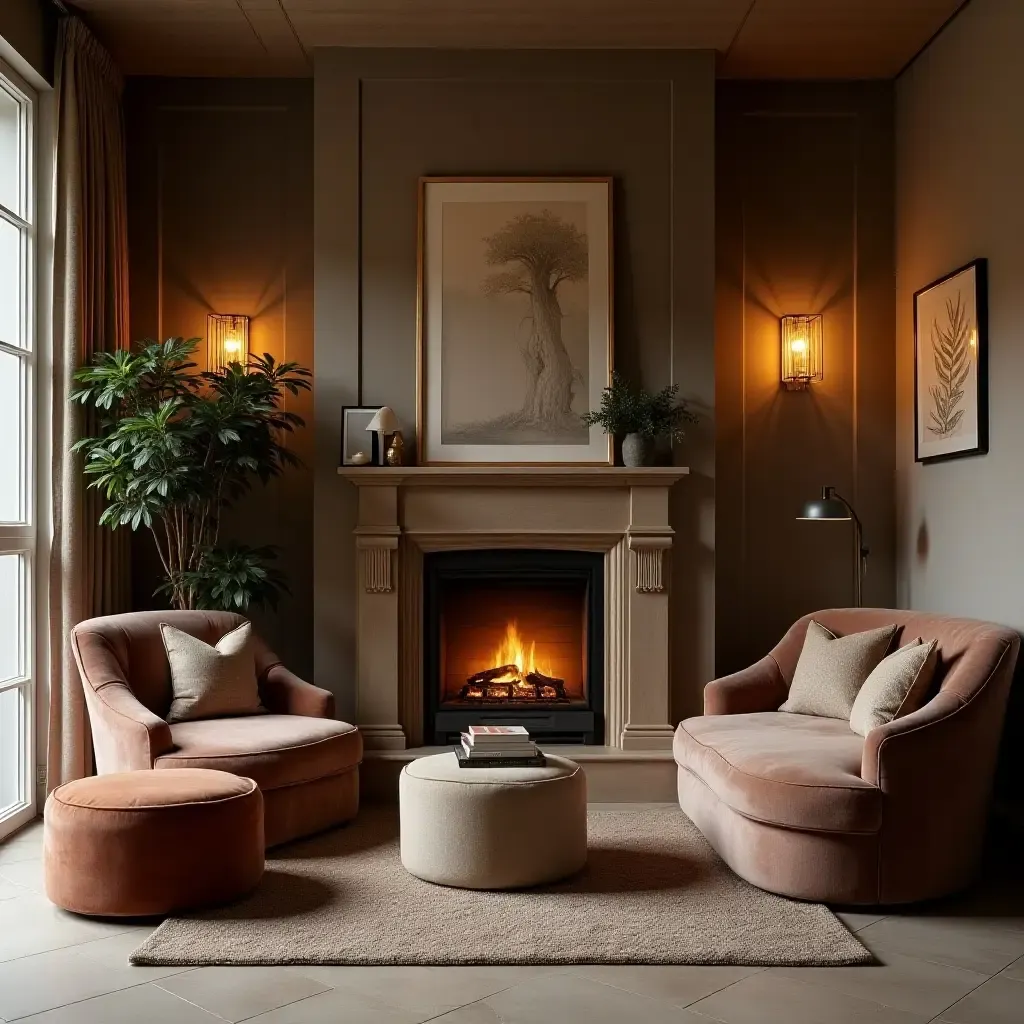 a photo of a cozy corner with a fireplace and comfortable seating