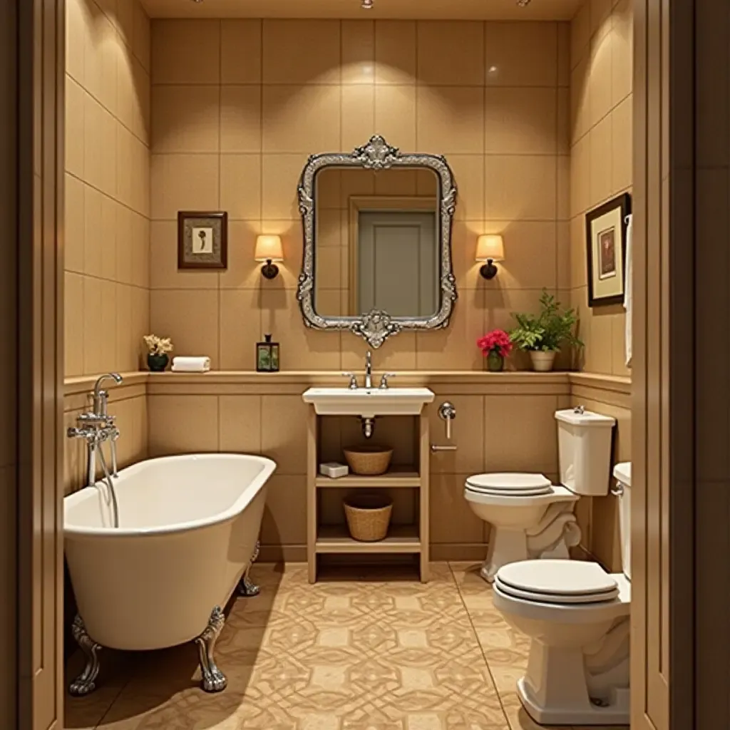 a photo of a cozy bathroom with warm-toned tiles and vintage accessories