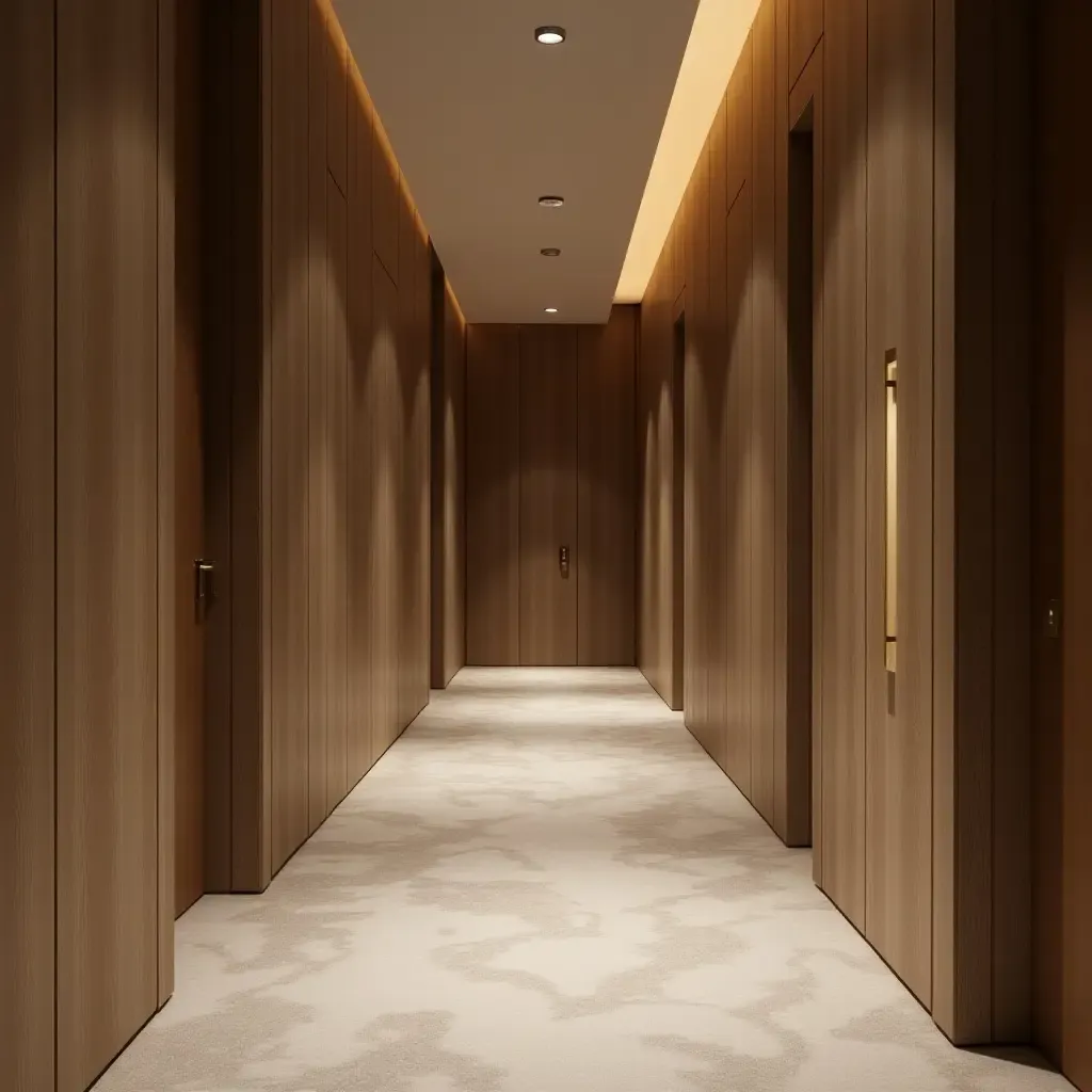 a photo of a chic corridor combining soft fabric, sturdy wood, and polished metal