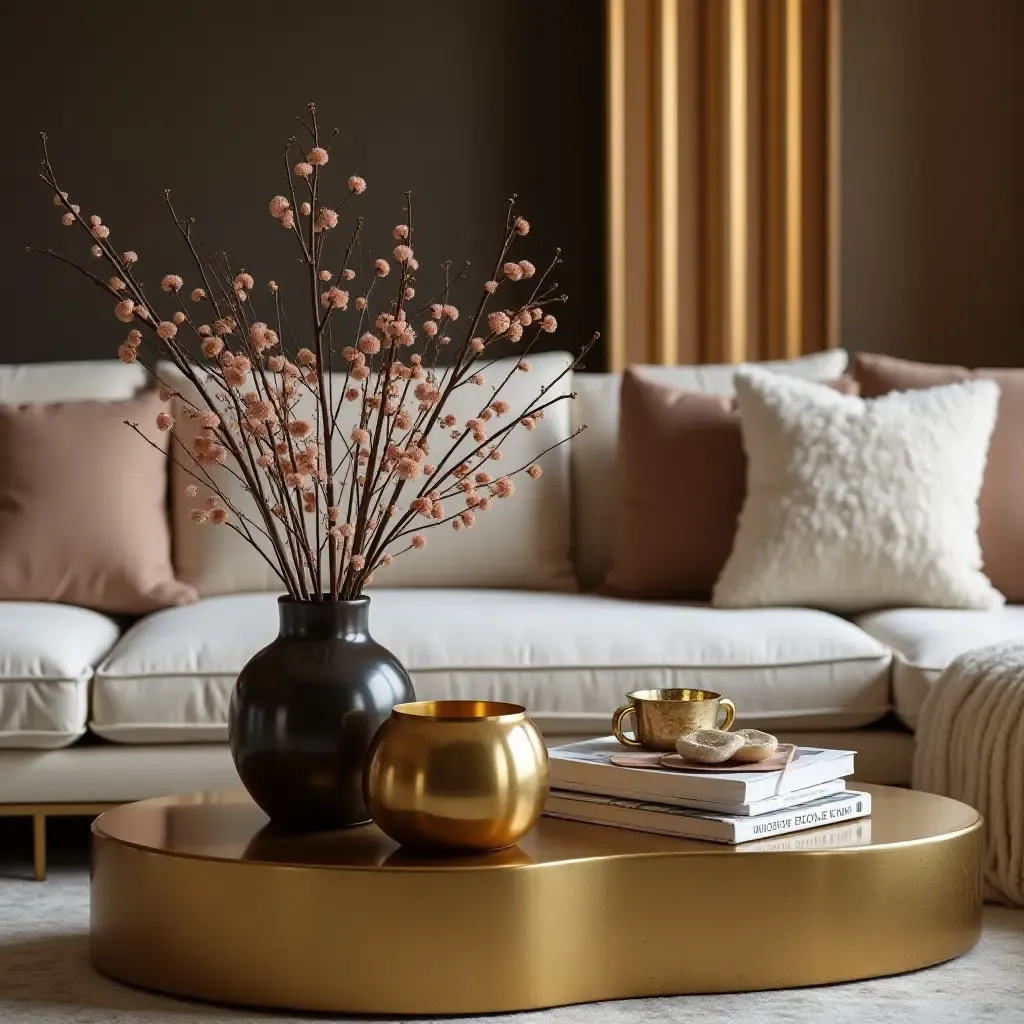 a photo of a luxurious coffee table arrangement with gold accents and plush textures