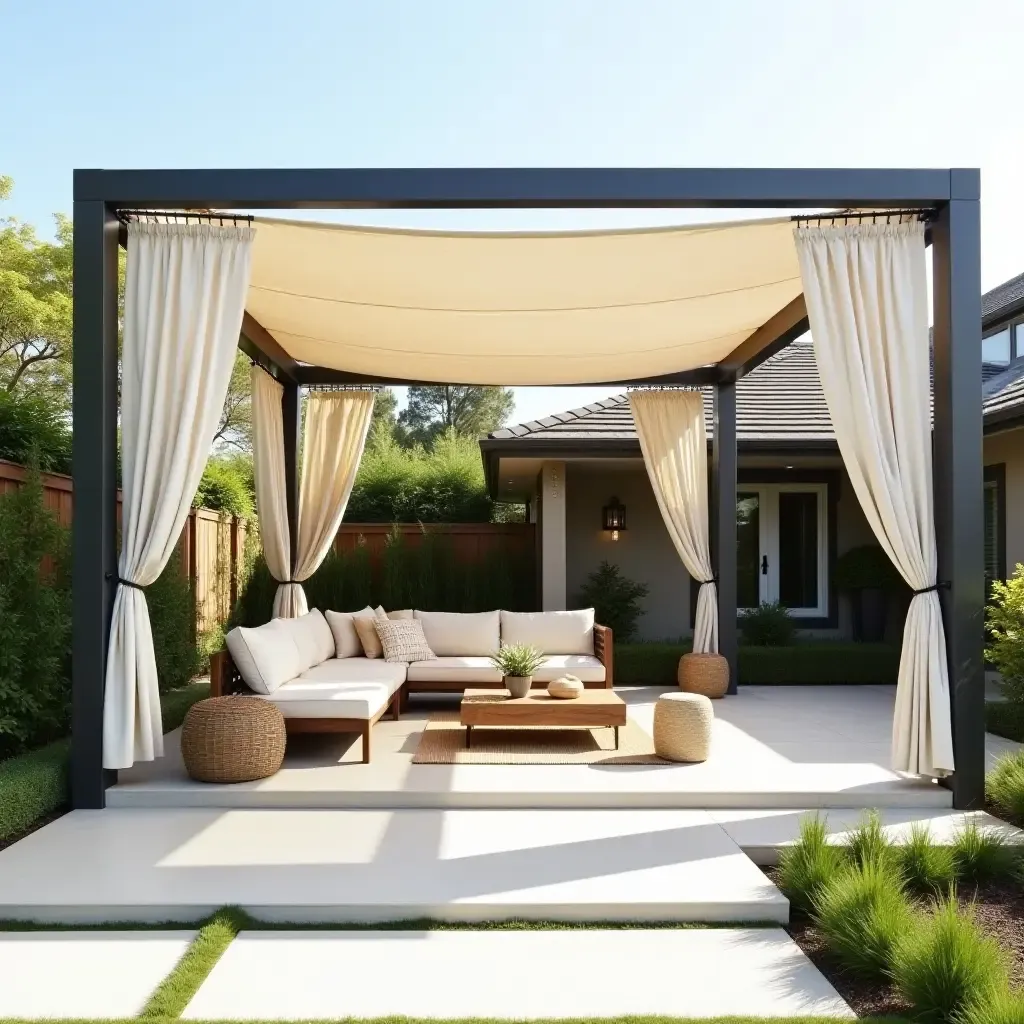 a photo of a concrete patio featuring a chic pergola draped with fabric