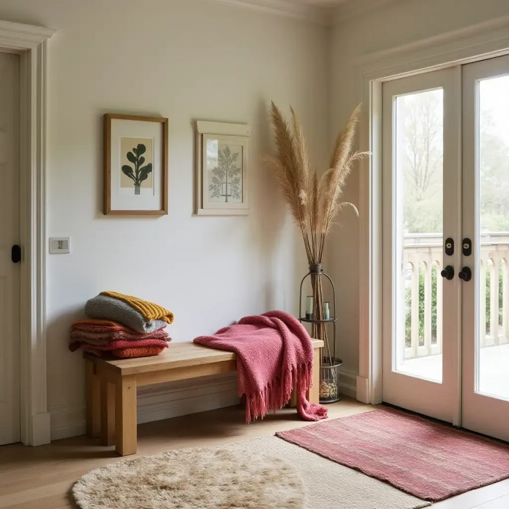 a photo of a charming entrance area with a wooden bench and colorful throw blankets