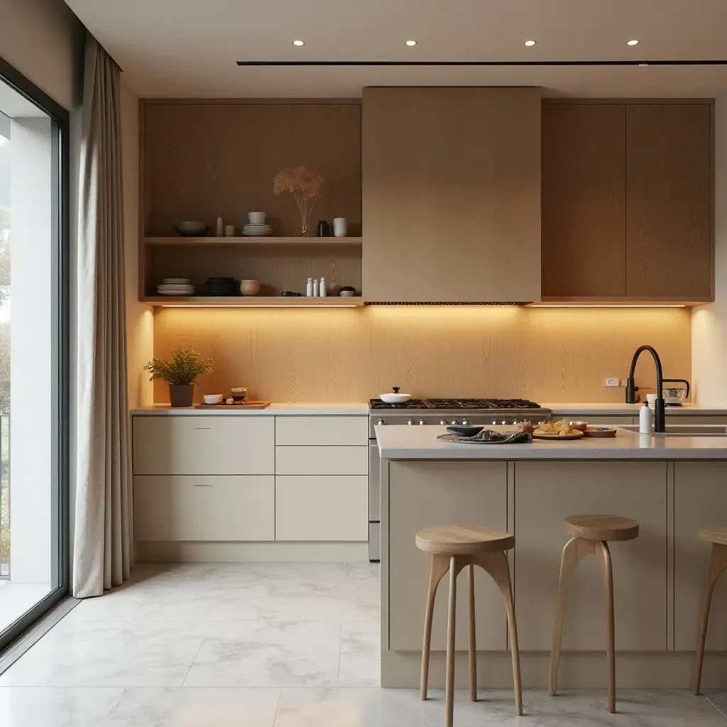 a photo of a kitchen with a wooden feature wall