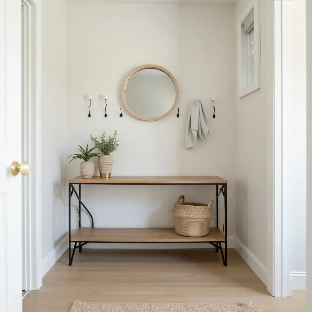 a photo of a compact entryway featuring a slim console and wall hooks