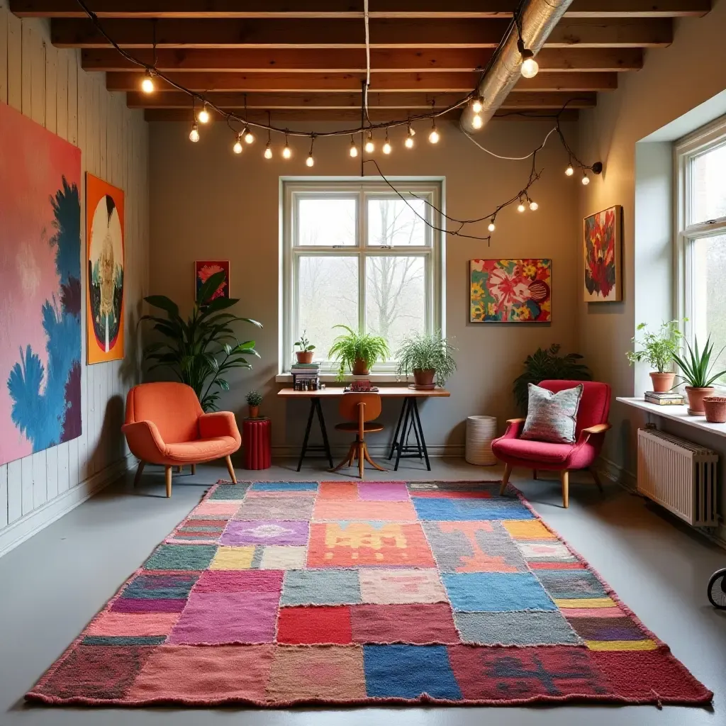 a photo of a colorful patchwork rug in a vibrant basement studio