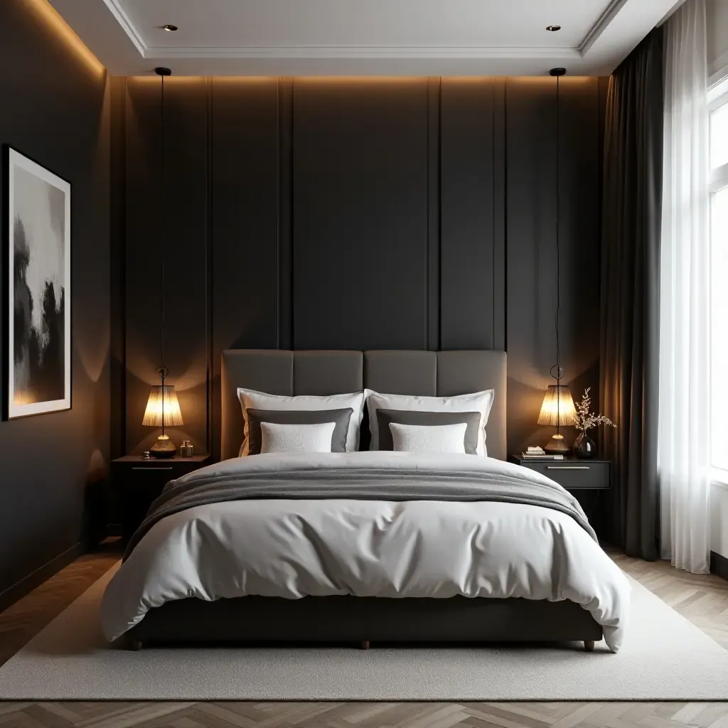 a photo of a luxurious bedroom featuring a dark accent wall and soft textures