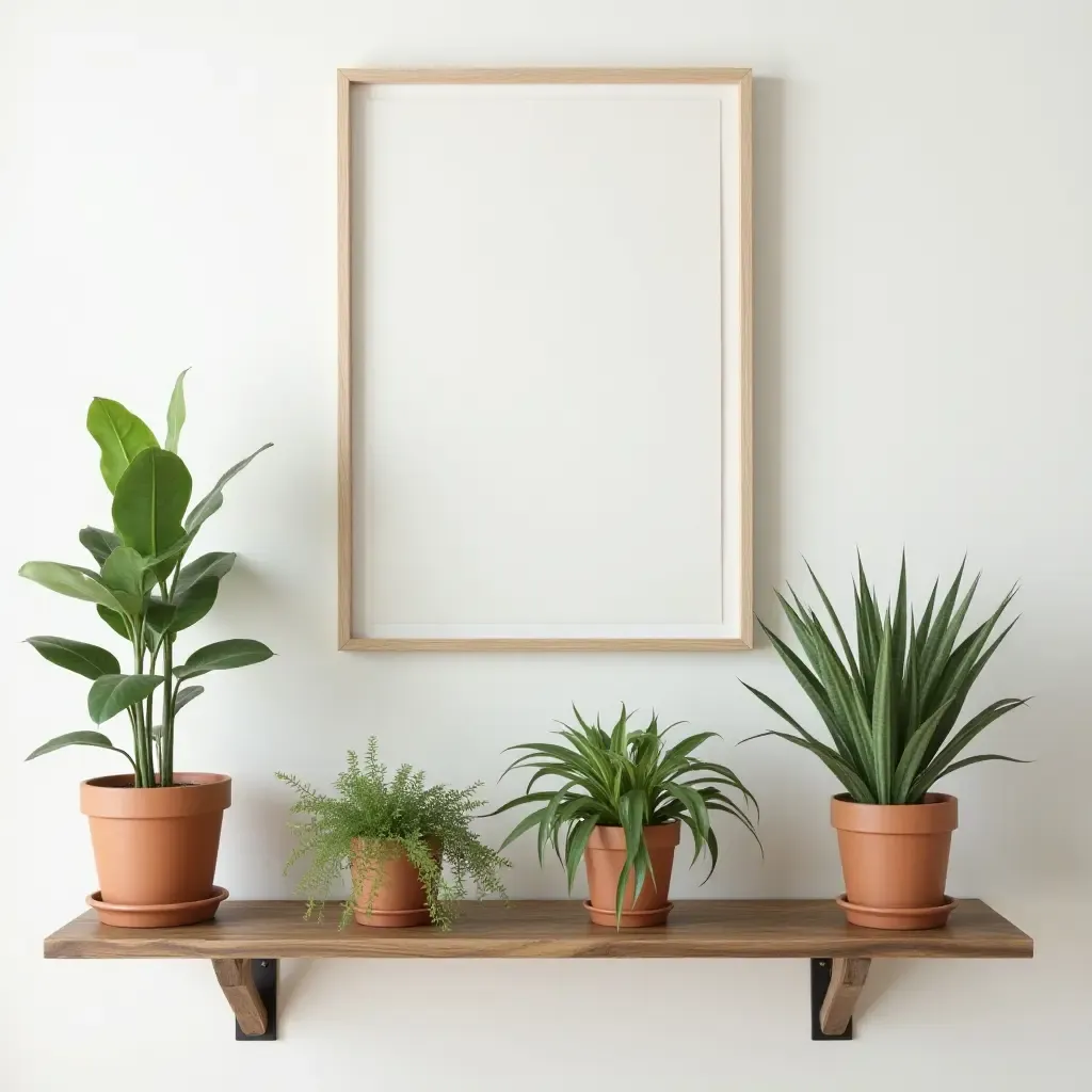 a photo of a farmhouse-style shelf with potted plants and wall decor