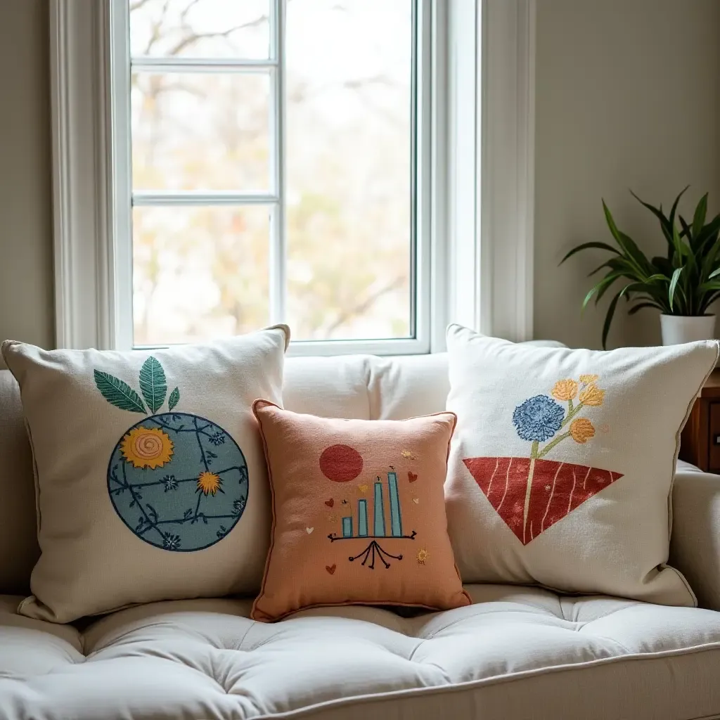 a photo of throw pillows with educational themes in a study nook