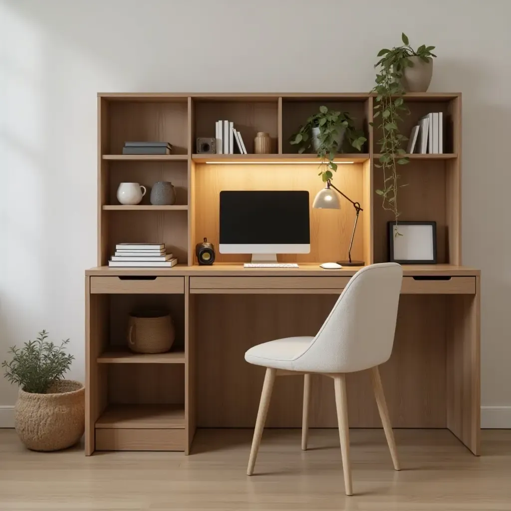 a photo of a compact desk setup for small spaces with clever storage solutions