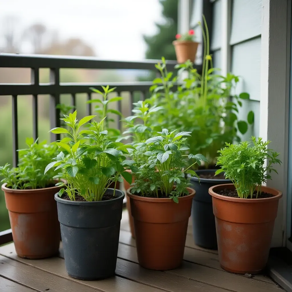 a photo of a balcony with a DIY herb garden in recycled containers