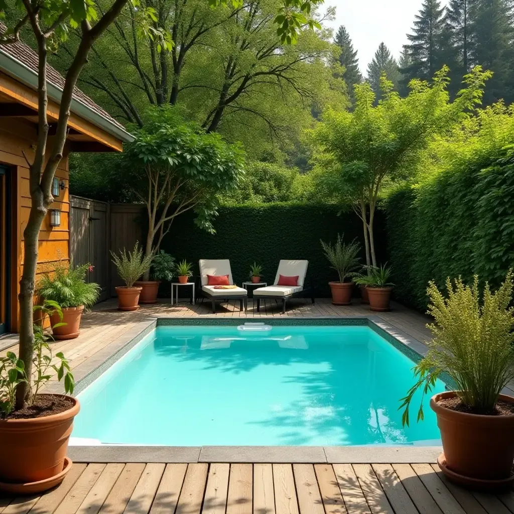 a photo of a rustic wooden deck with potted plants surrounding the pool