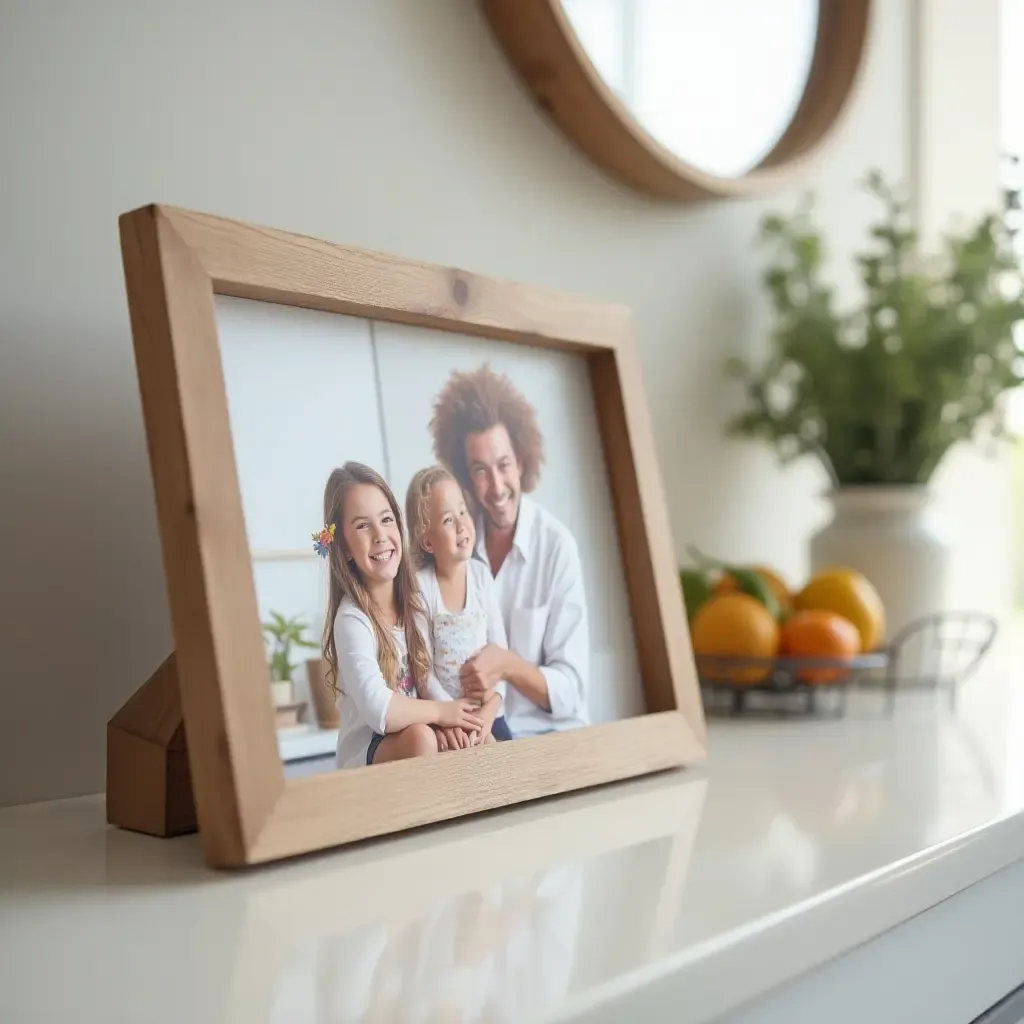 a photo of a countertop with a personalized family photo display and decor