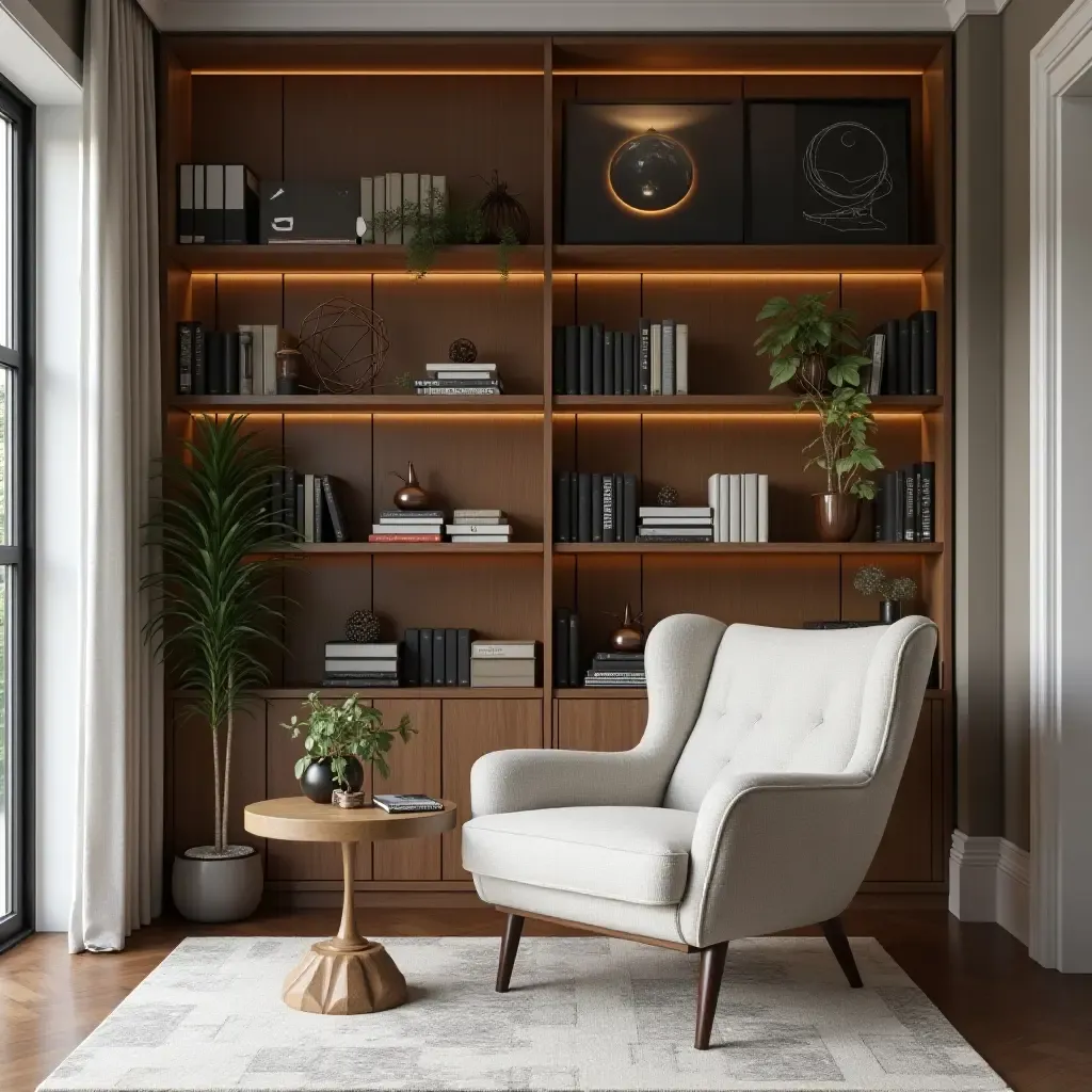 a photo of a stylish bookshelf beside a comfy chair in a living room