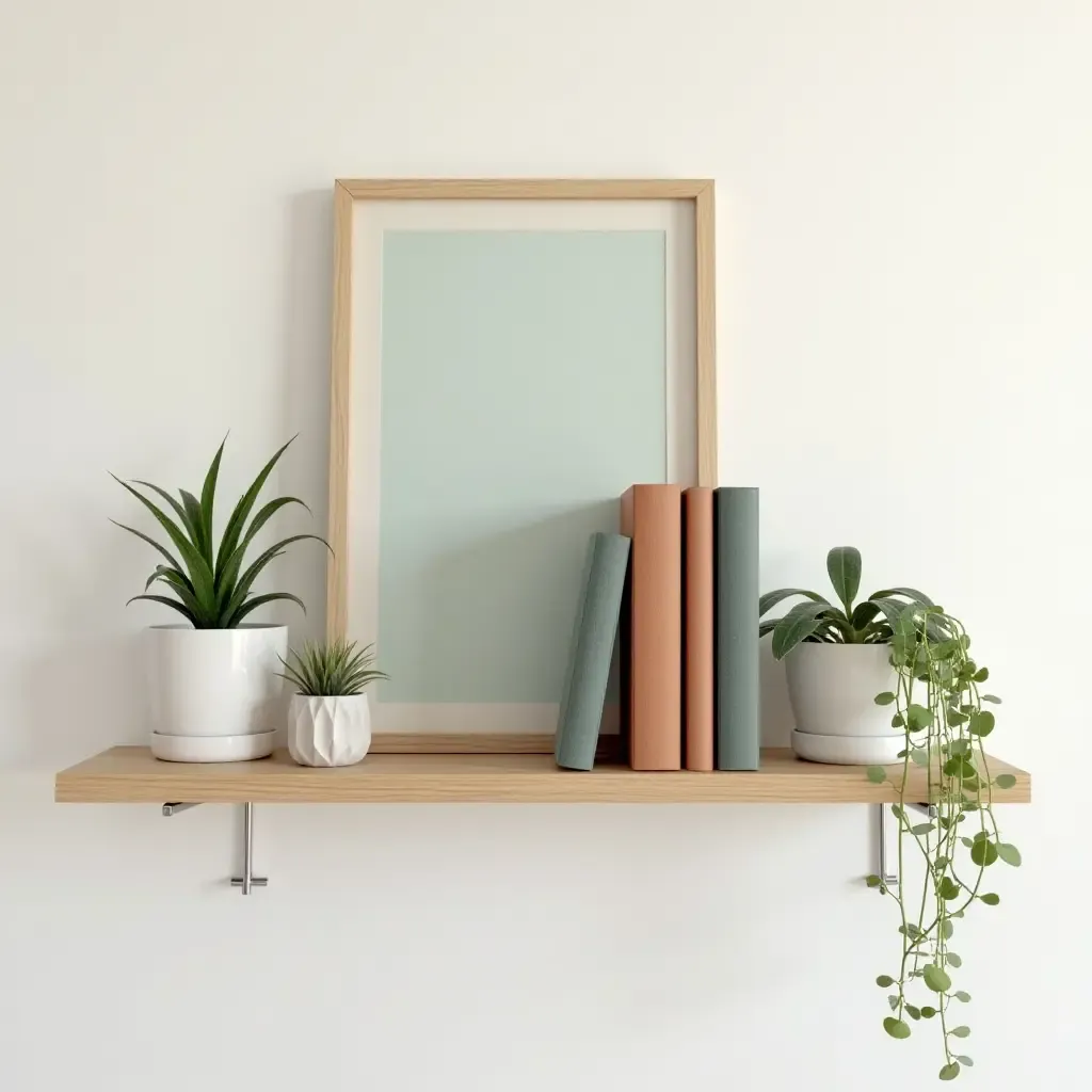 a photo of a decorative wall shelf displaying plants and books