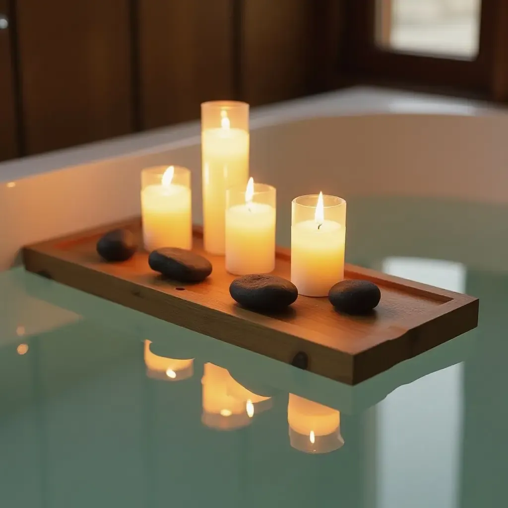 a photo of a wooden tray with candles and stones on a bathtub