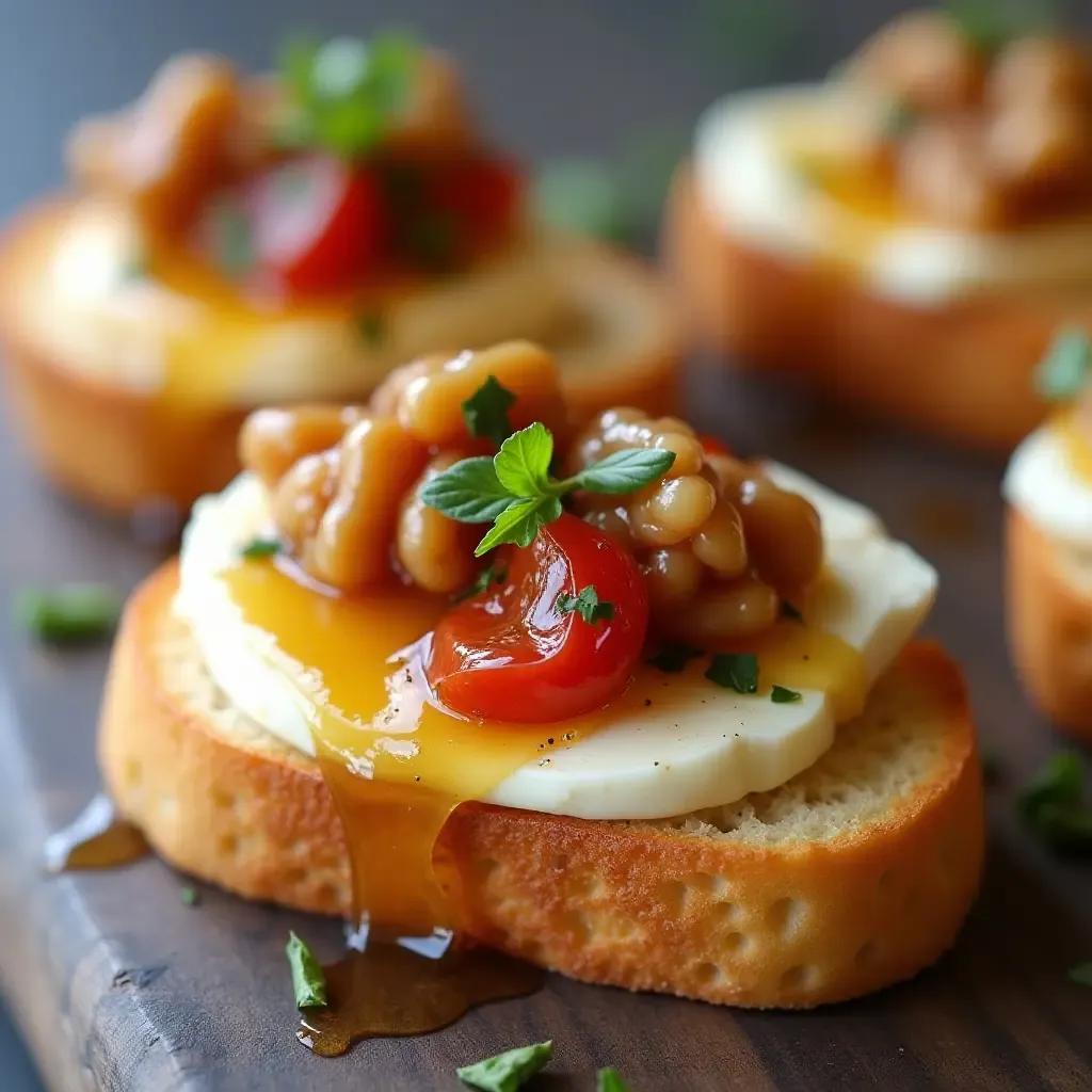 a photo of refined Portuguese tapas with goat cheese, honey, and walnut crostini