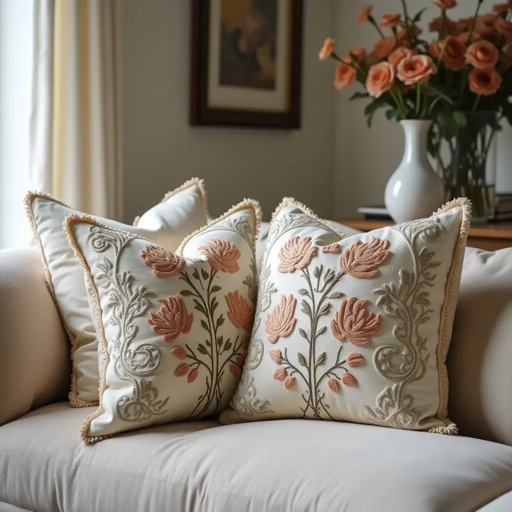 a photo of an elegant living room with embroidered throw pillows on a classic couch