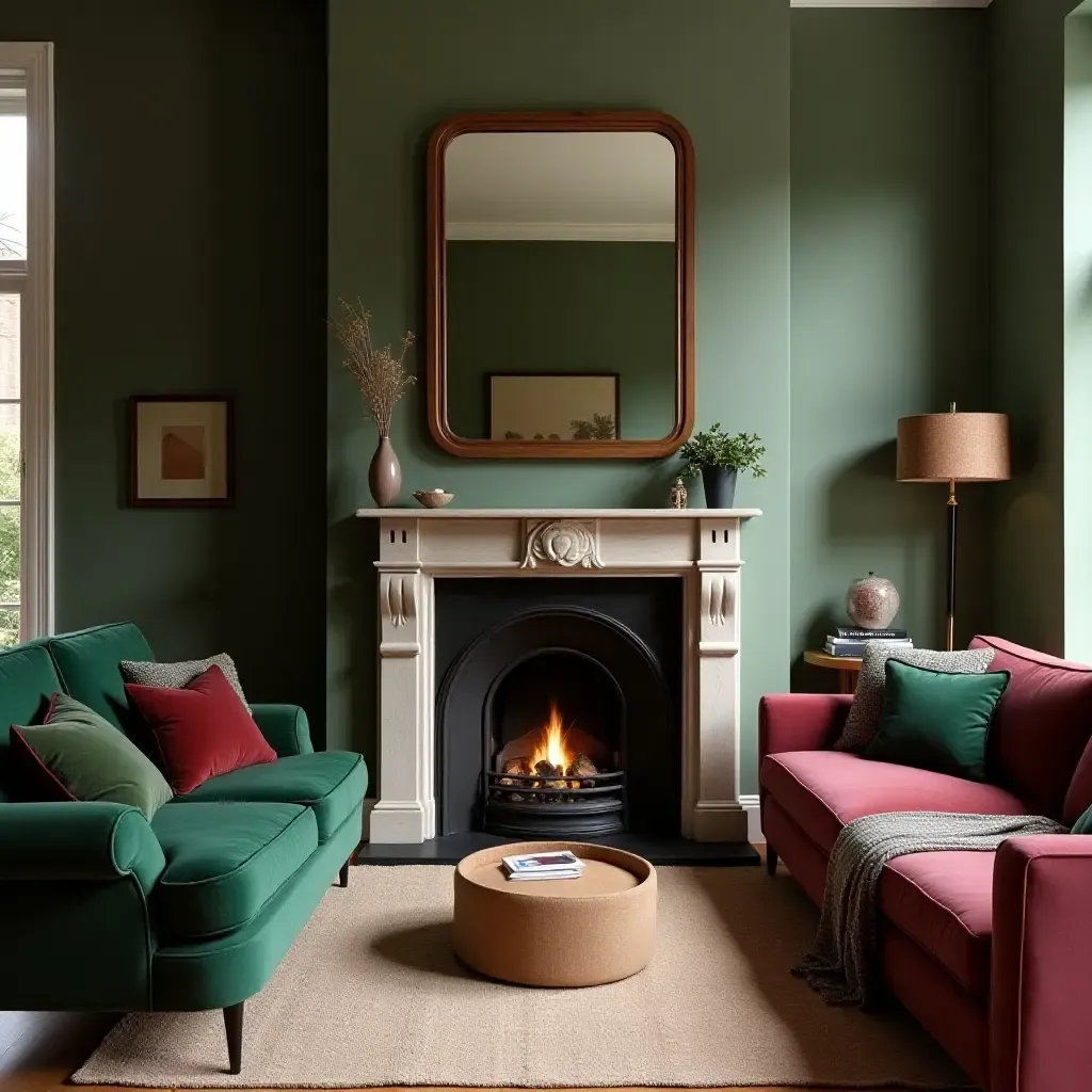 a photo of a chic fireplace surrounded by green and burgundy furniture