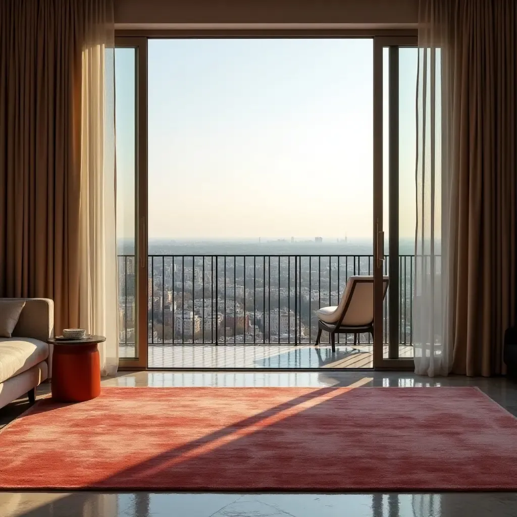 a photo of a luxurious silk rug on an elegant balcony with a city view