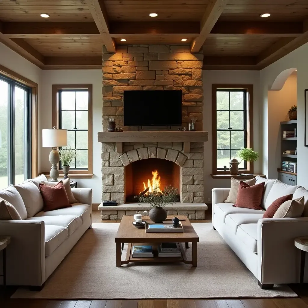 a photo of an inviting farmhouse living room with a stone fireplace and warm lighting