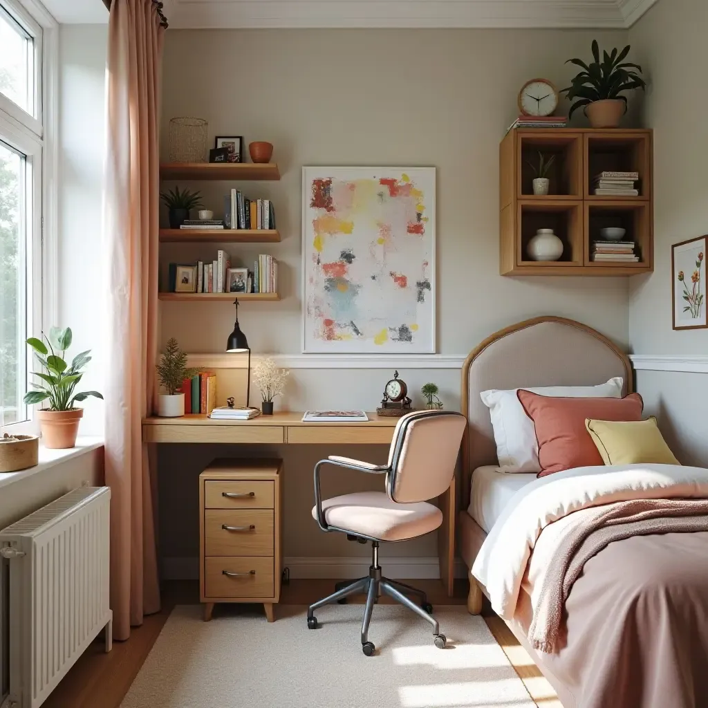 a photo of a stylish teen bedroom with art supplies organization