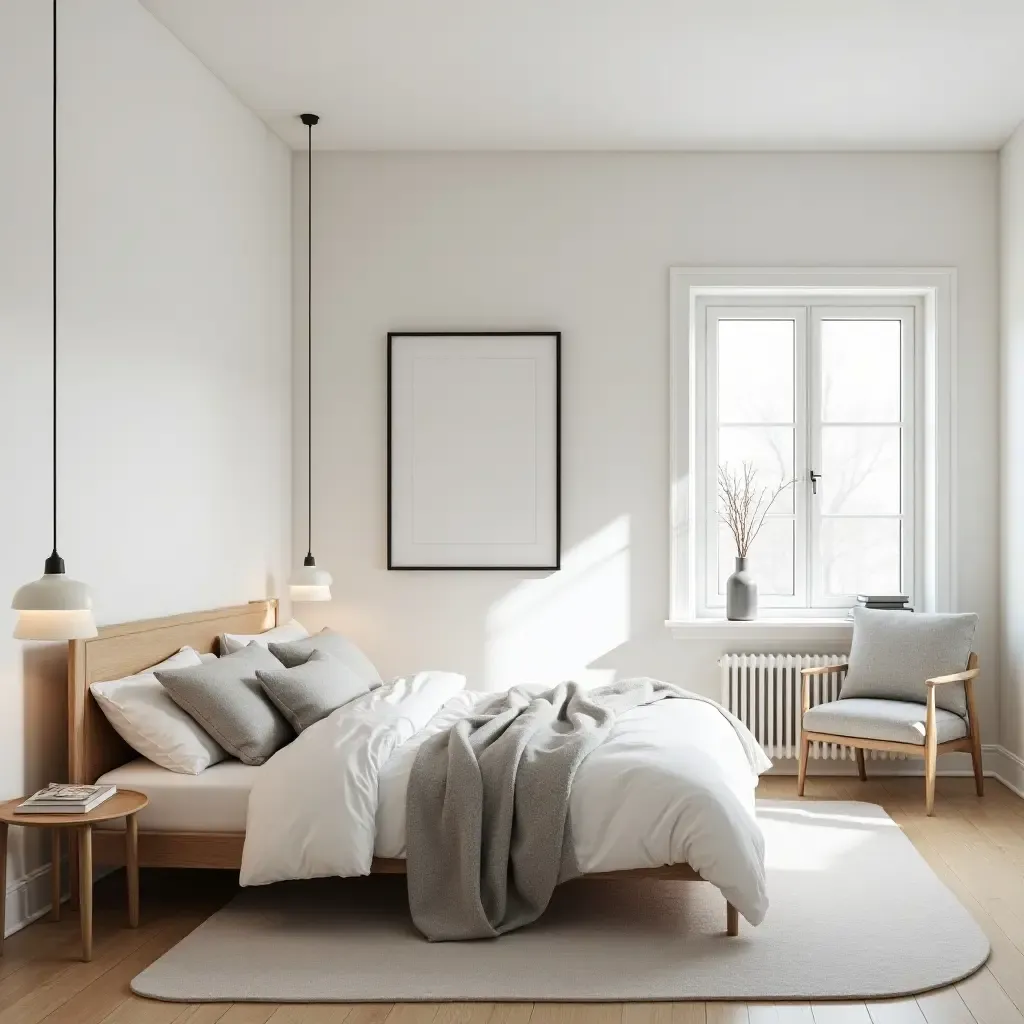 a photo of a bright Scandinavian bedroom with a large, comfortable bed and minimal decor