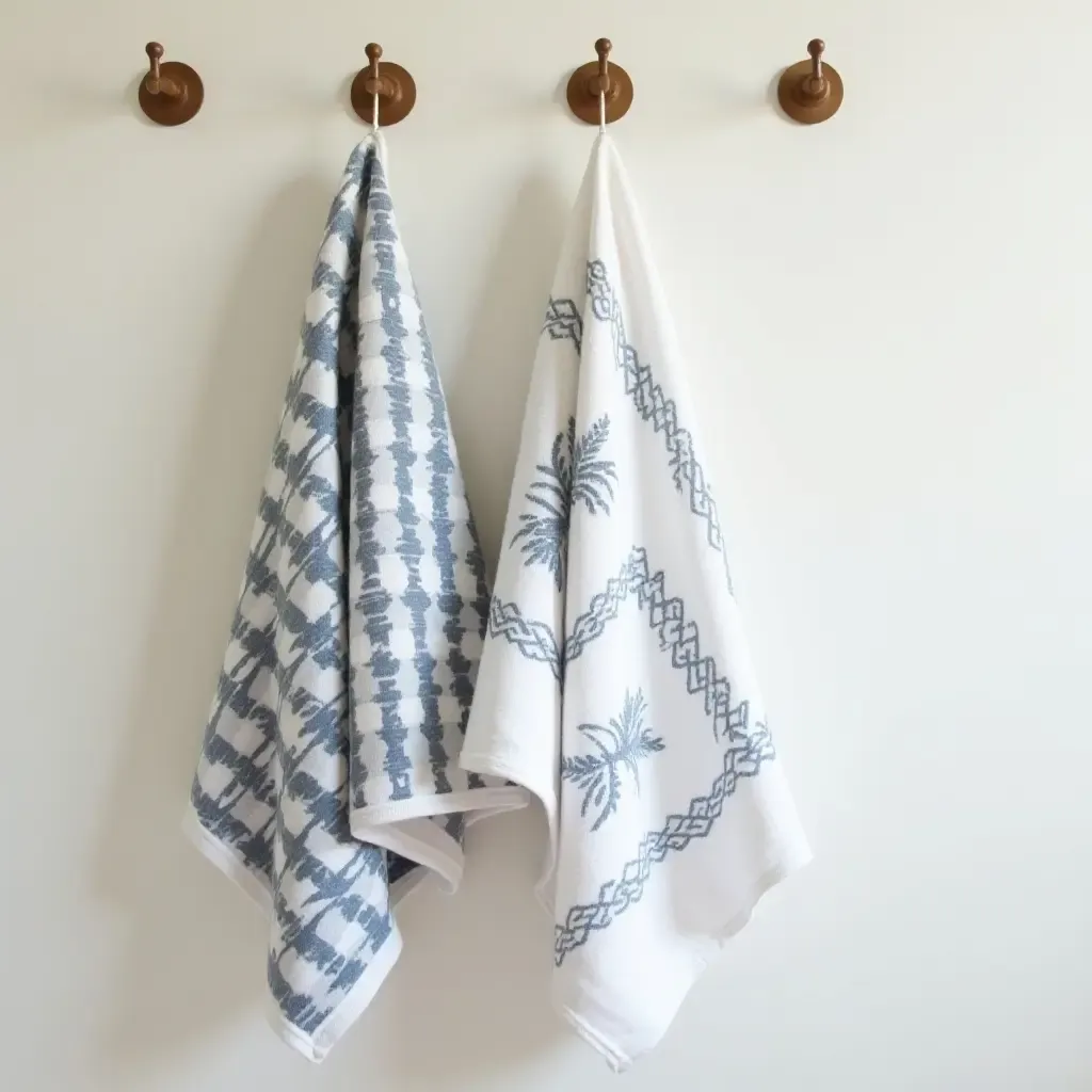 a photo of patterned towels adding flair to a minimalist bathroom