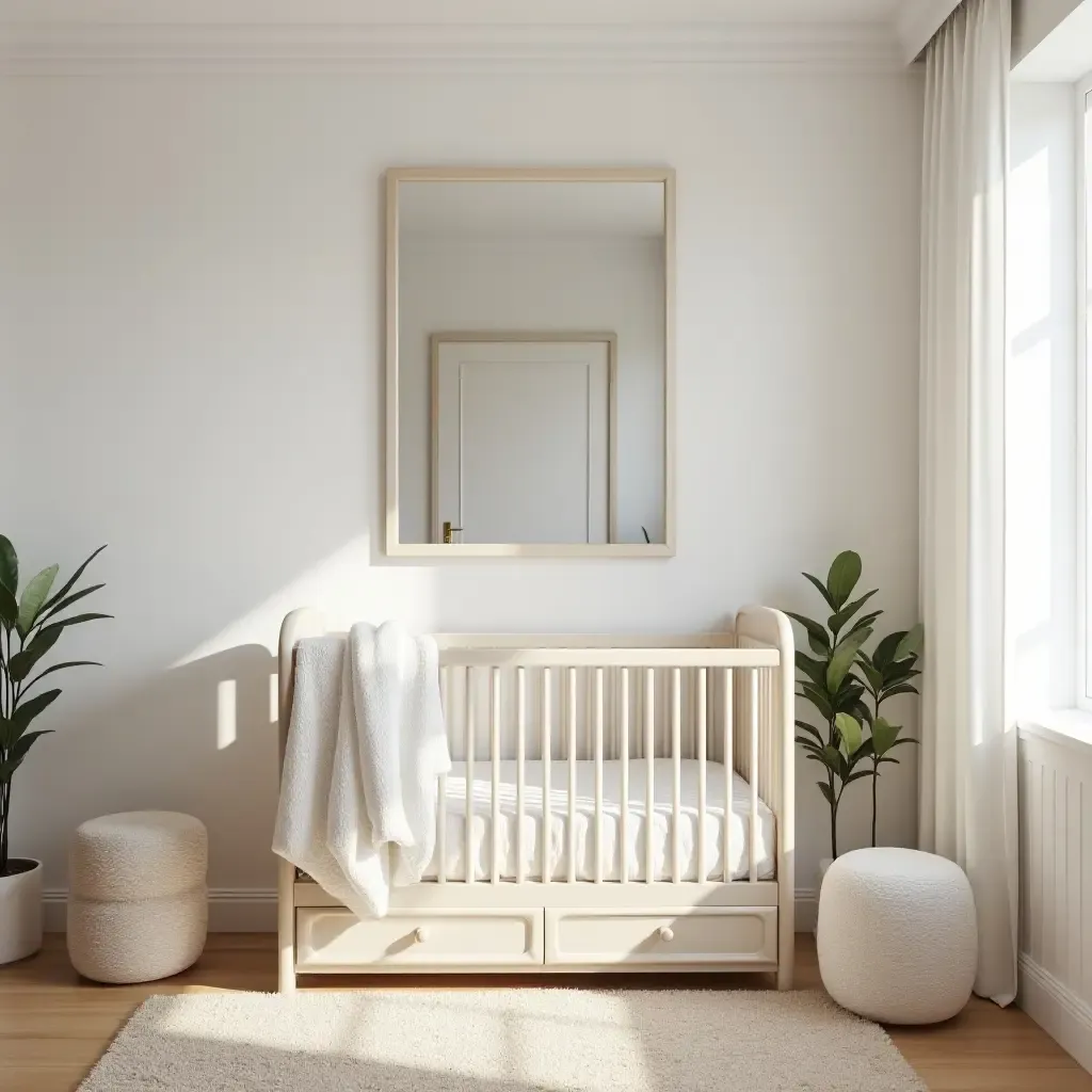 a photo of a nursery with large wall mirrors reflecting natural light