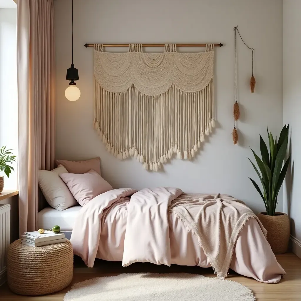 a photo of a bohemian teen room with metallic accents in wall hangings and decor