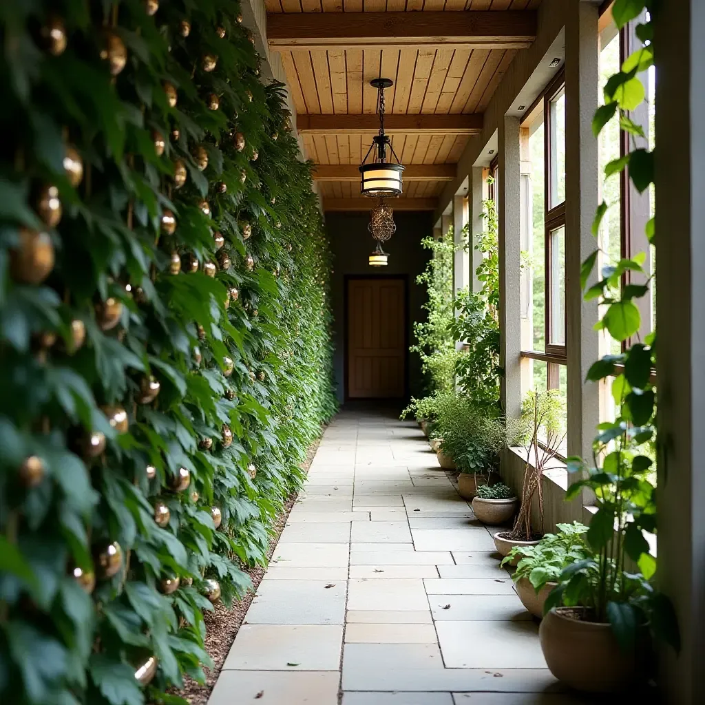 a photo of a corridor with a creative recycled bottle garden wall