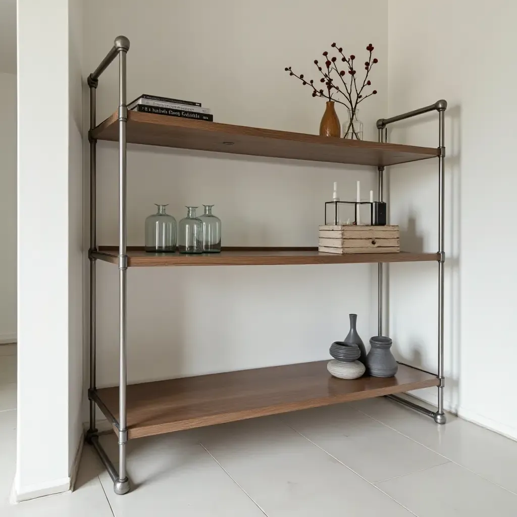 a photo of an industrial-style corridor shelf with metal accents