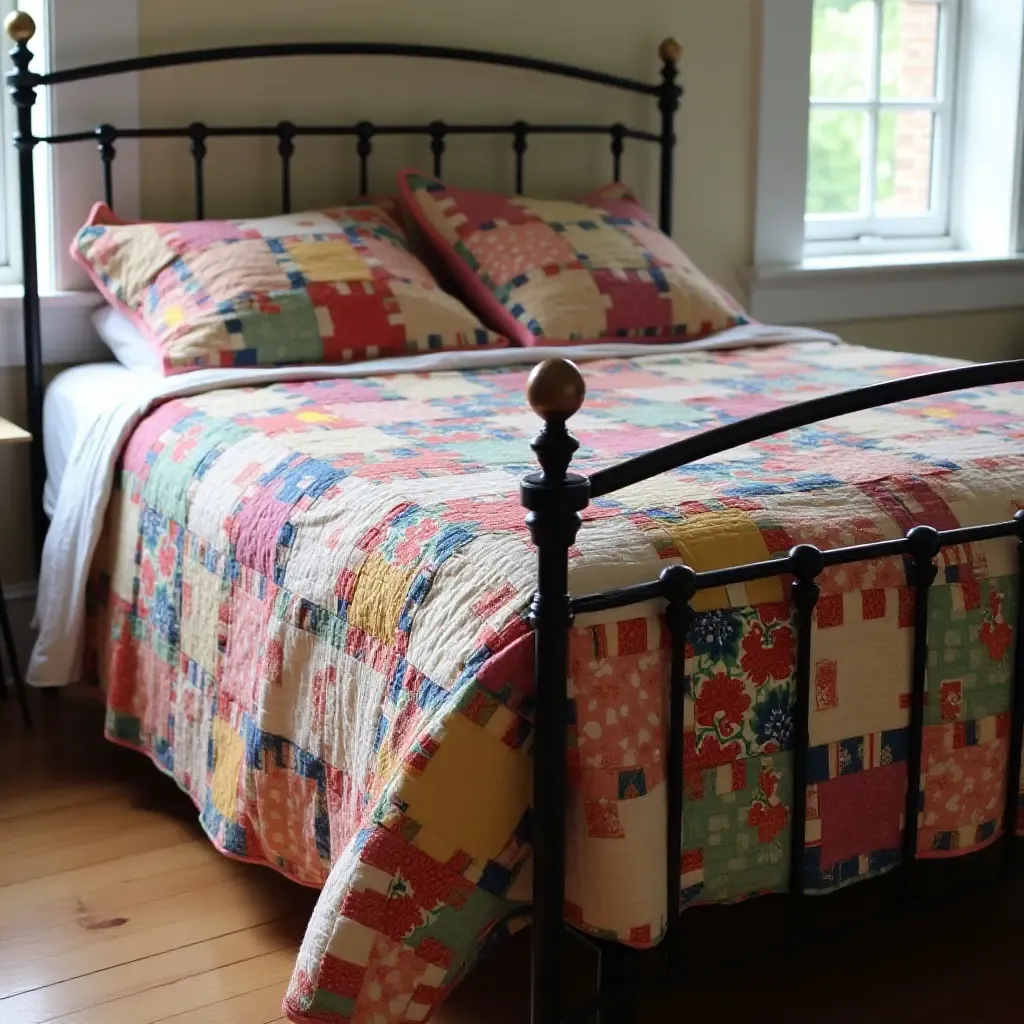 a photo of a colorful, patchwork quilt on a metal bed