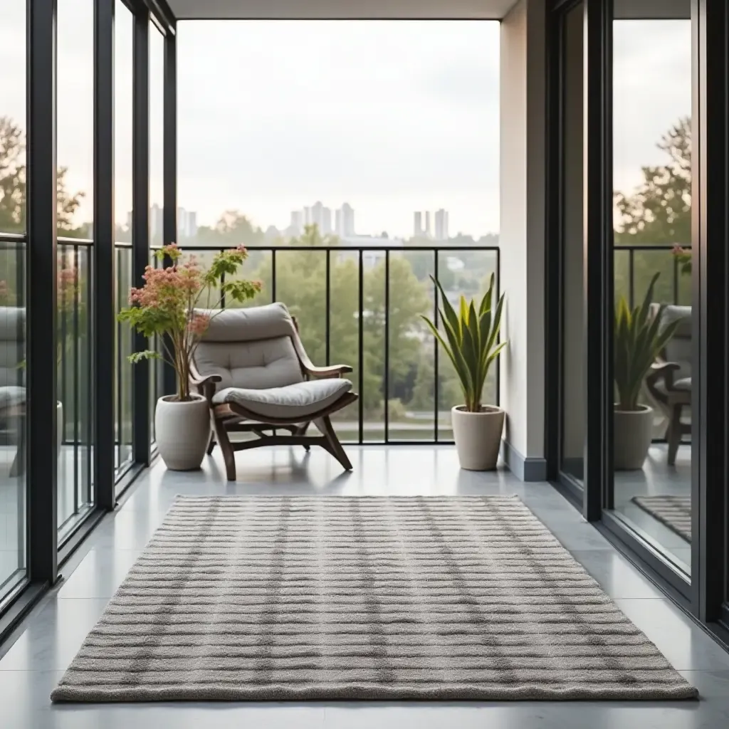 a photo of a chic, monochrome rug on a modern balcony