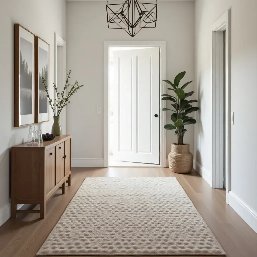 a photo of a unique 3D textured rug in a contemporary entryway