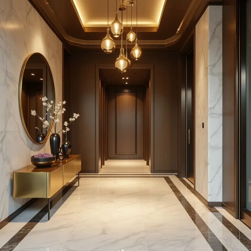 a photo of a luxurious entrance hall with bronze metallic furniture