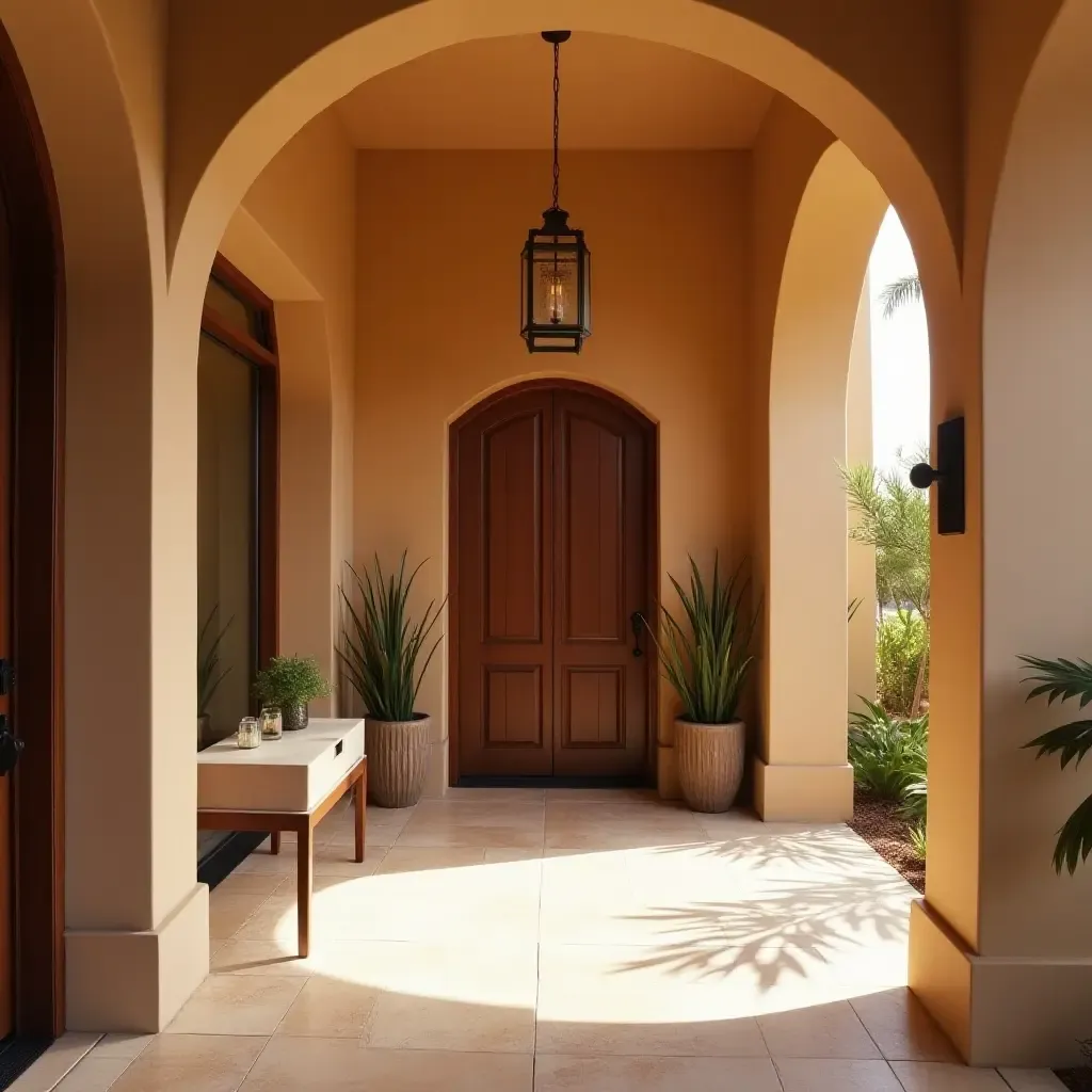 a photo of a Mediterranean-inspired entryway with a warm color palette