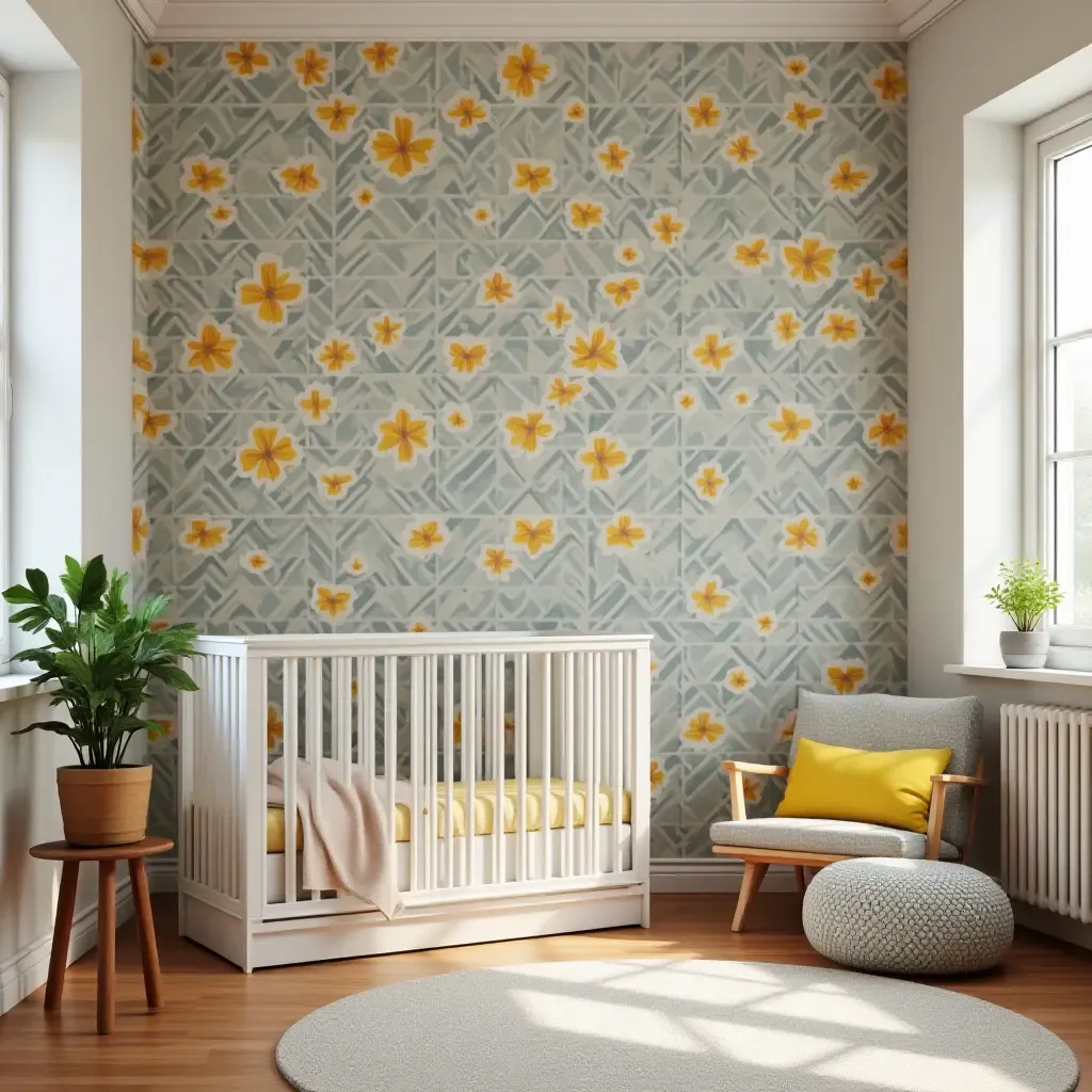 a photo of a nursery with decorative tiles and vibrant colors