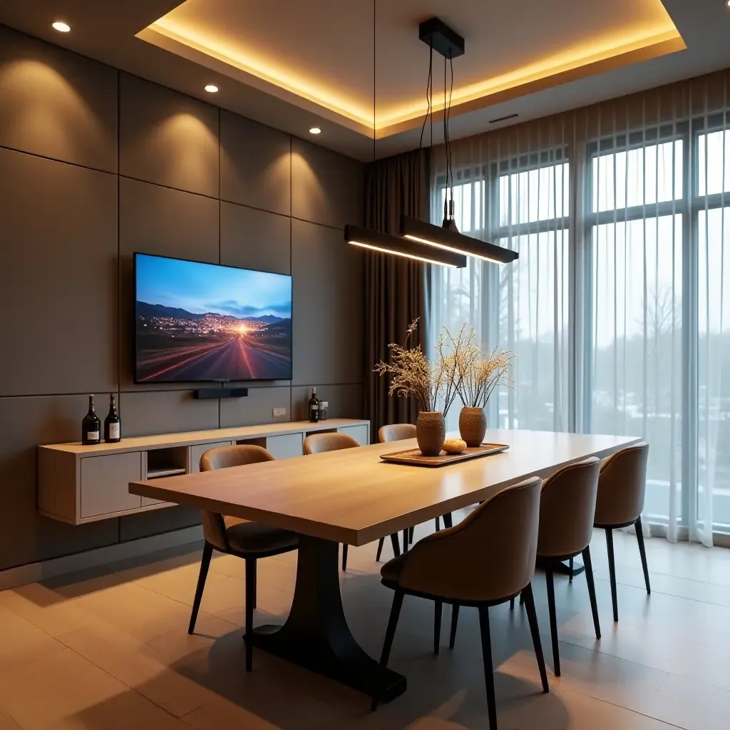 a photo of a contemporary dining area with a rotating TV for versatile viewing