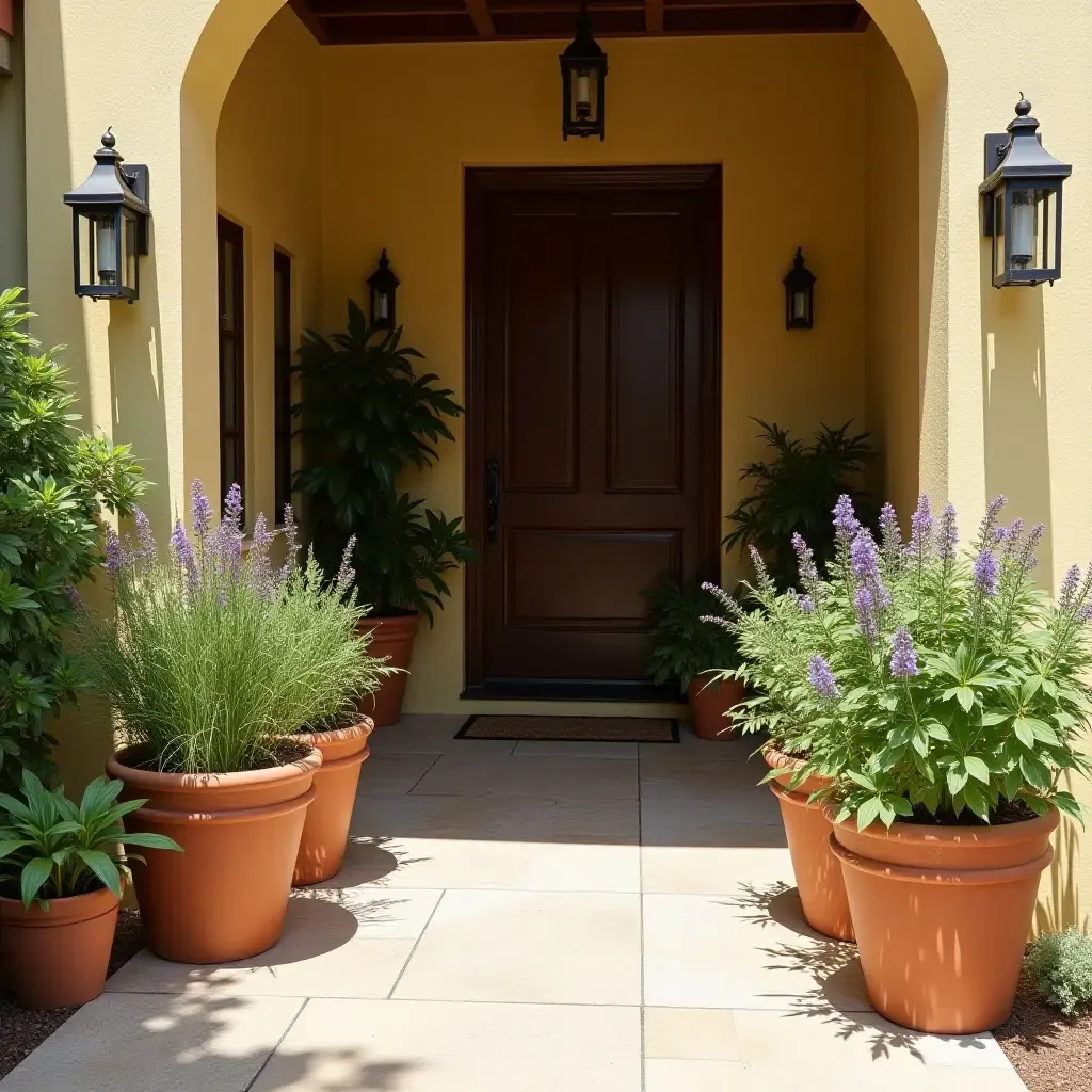 a photo of an entrance hall with terracotta pots filled with herbs and flowers