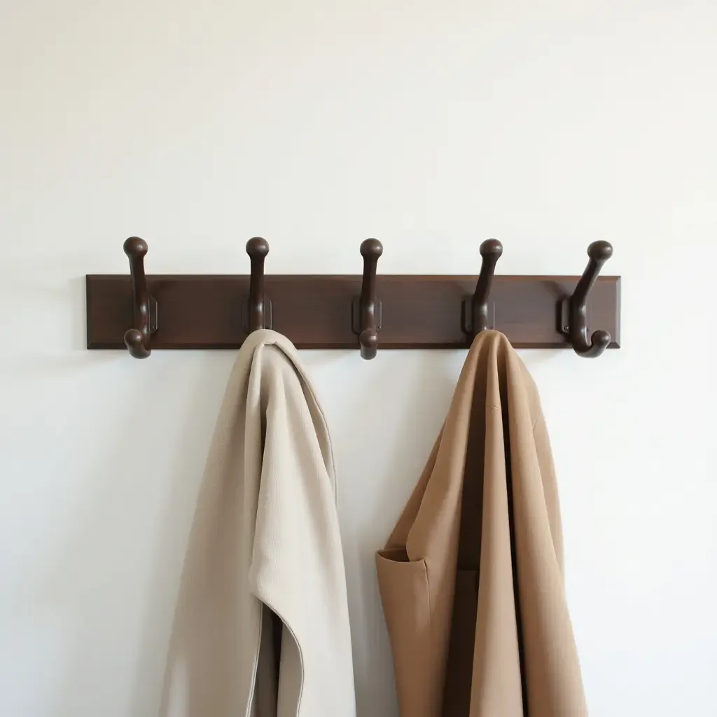 a photo of a stylish wall-mounted coat rack with hooks