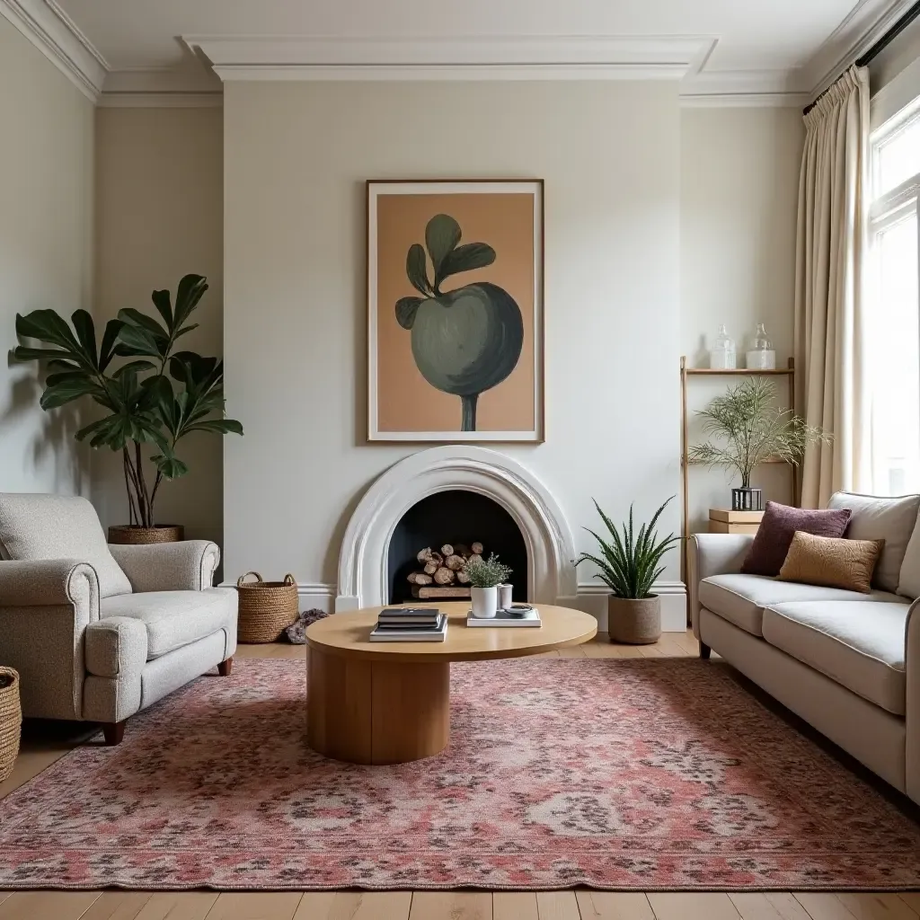 a photo of a living room featuring layered rugs and eclectic decor