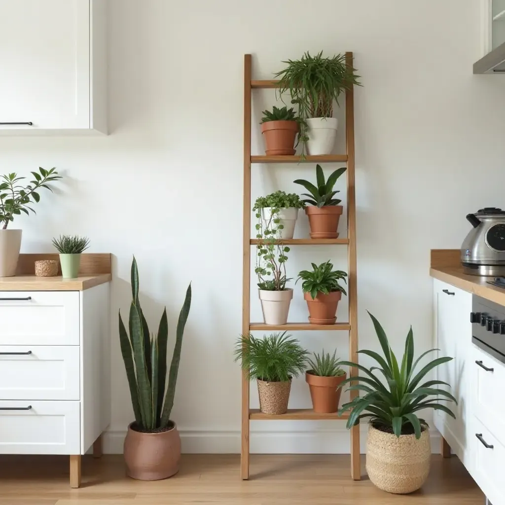 a photo of a kitchen with a decorative plant ladder display