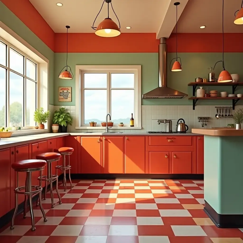 a photo of a nostalgic 1950s diner-style kitchen with bright colors and diner stools