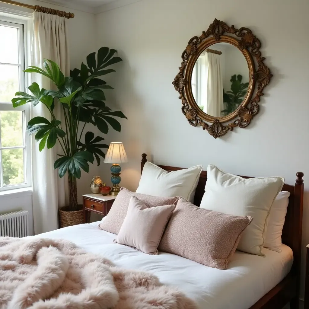 a photo of a chic boho bedroom featuring a vintage mirror and lush greenery