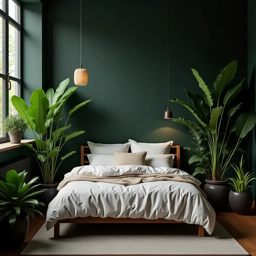 a photo of a bed surrounded by lush indoor plants in dark pots