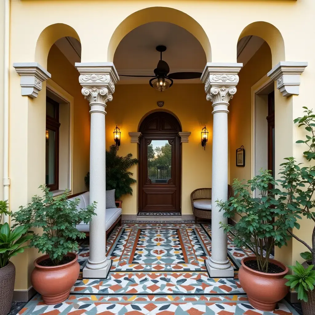 a photo of a balcony with traditional Mediterranean tiles and colorful accents