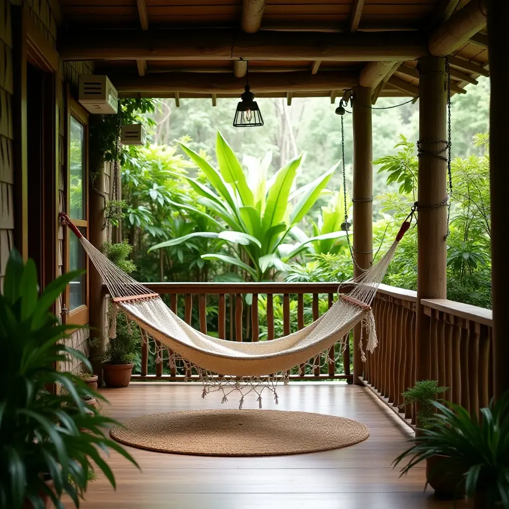 a photo of a balcony with a hammock and lush greenery surrounding it