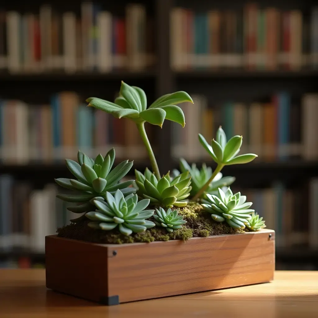 a photo of a library desk with a small succulent garden