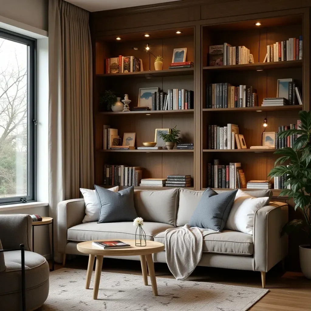 a photo of a cozy reading nook with organized book displays