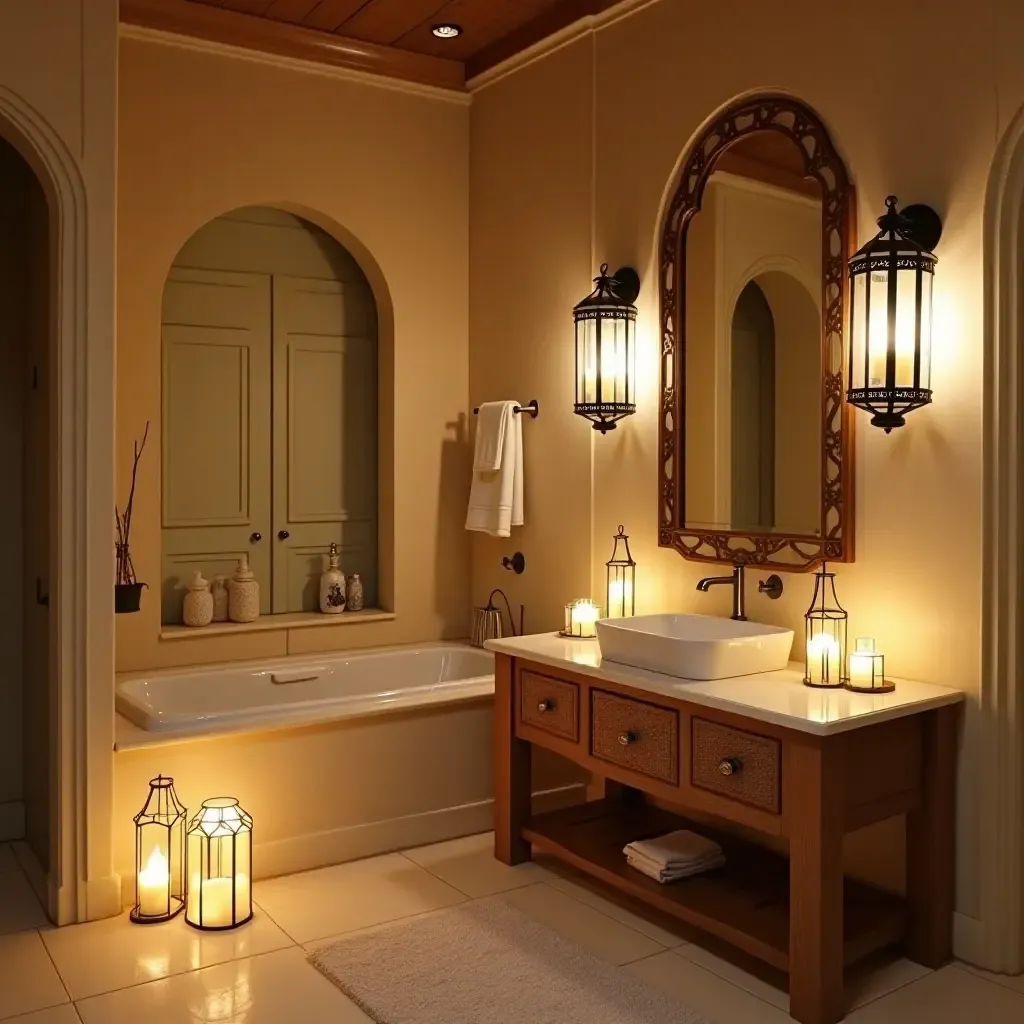 a photo of a bathroom with Mediterranean-style lanterns and candles